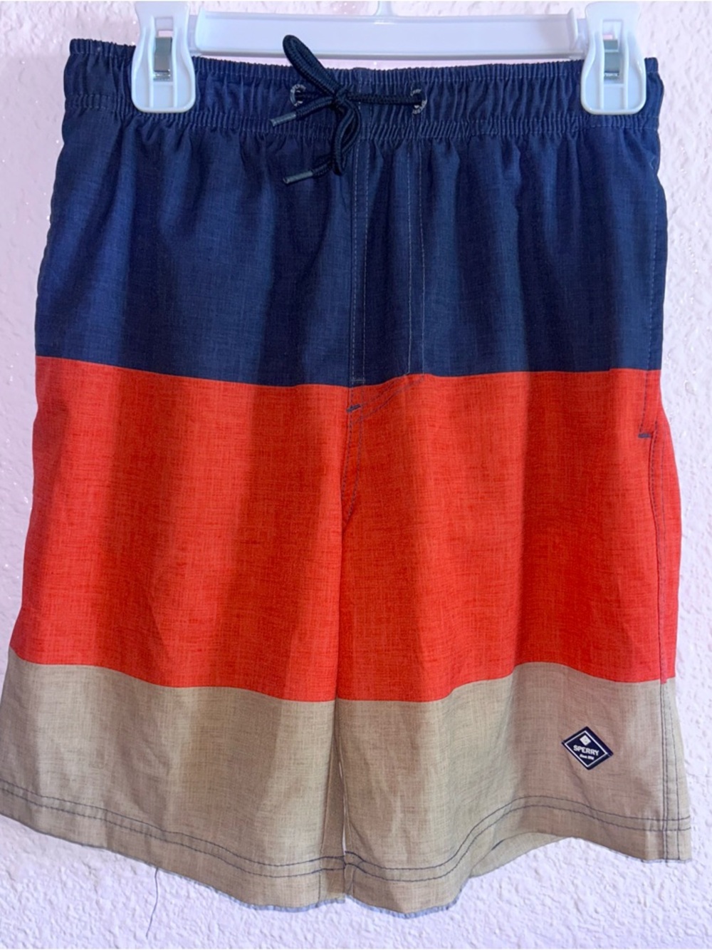 Sperry Boys' Colorblock Swim Trunks in Navy, Red, Tan